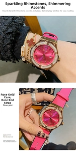 Macro detail of women's rose gold watch with sparkling rhinestones and calendar window