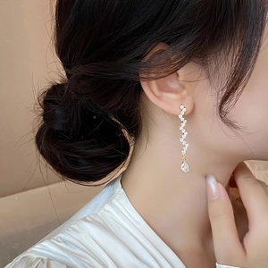 Elegant long teardrop zircon drop earrings for women shown on model for a graceful look