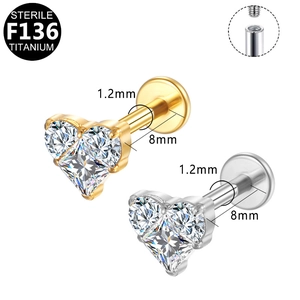 F136 titanium internally threaded labret studs with heart zircon stones in gold and silver