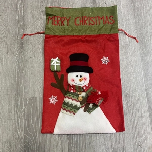 Linen Christmas gift bag featuring 3D snowman doll and Merry Christmas embroidery