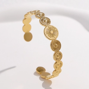 Vintage Stainless Steel Open Cuff Bracelet For Women Geometric Sunburst Texture Adjustable Bangle Retro INS Style Jewelry