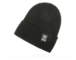 Top down view of black ribbed knit beanie with V SPORTS logo patch for winter warmth