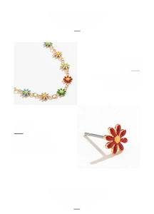 Detail of colorful daisy jewelry set with gold plated copper and enamel oil finish