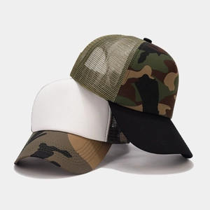Detail view of mesh trucker hats with camouflage patterns and breathable back panels
