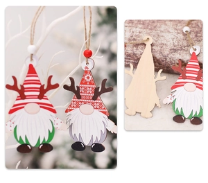 Detail of wooden Christmas gnome ornaments with reindeer antlers and festive hanging beads