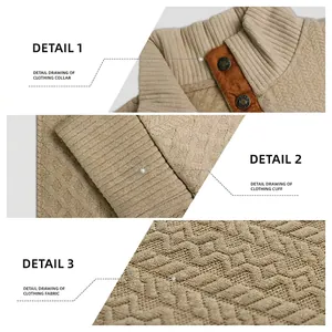 Men's khaki stand collar knit sweater featuring vintage buttons and textured fabric details