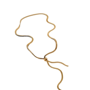 Adjustable gold titanium steel snake chain necklace with sliding bead and tassel detail