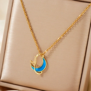 Stainless Steel Copper Rhinestone Enamel Blue Moon Pendant Necklace For Women Cat Whale Tail Animal Necklace Fashion Jewelry Gift
