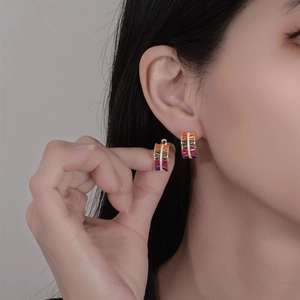 Rainbow double-row triangle gemstone S925 silver hoop earrings for women in gold finish