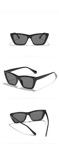 Three-way view of cat-eye rectangle sunglasses with black frame and smoke gray lenses