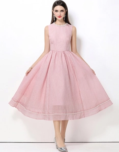 Elegante Abito Midi Senza Maniche Rosa Tessuto Strutturato Bordo Di Künstliche Perle Girocollo Vita Alta Linea A Stile Francese Donna