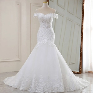 Elegant Off-The-Shoulder White Lace Embroidery Mermaid Wedding Dress With Long Train And Corset Back For Bride
