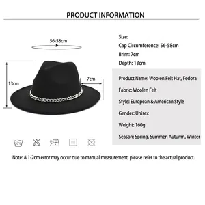 Classic black wool fedora hat with silver chain decoration and leopard print underside