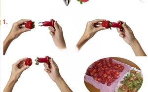 Three-step macro view of using a manual stainless steel strawberry huller tool
