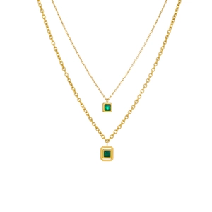 Double-layered gold-plated titanium steel necklace with a green square gemstone pendant