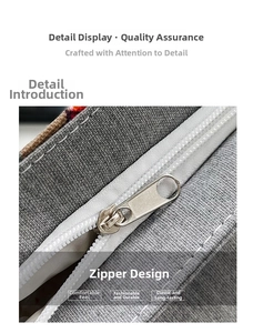 Close-up of the grey linen canvas texture and silver metal zipper closure on the tote bag