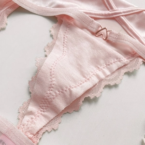 Pink satin and lace thong with heart-shaped metal buckle and sweet floral embroidery