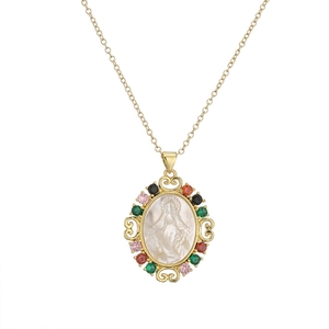 Gold plated Virgin Mary pendant necklace with colorful cubic zirconia and shell center