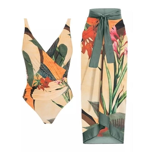 Women Monokini And Beach Cover Up Sarong Floral Print Polyester V Neck Backless Tie Shoulder Vacation