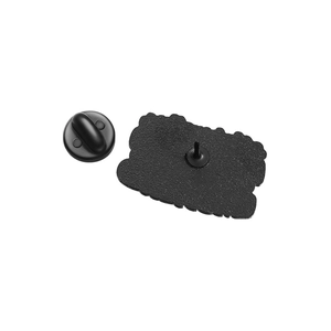 Detail view of metal pin back with matte black finish and secure rubber clutch closure