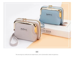 Detail of Baellerry mini wallets in cream and blue with litchi texture and metal clasp