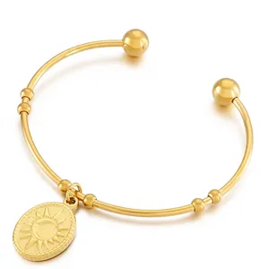 Jonc En Acier Inoxydable Pour Femme Rétro Bohême Bracelet Ouvert Avec Pendentif Relief Soleil Lune Bijoux Mode