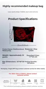 Detail view of 17x25cm red rose makeup bag made of linen with size and washing guide