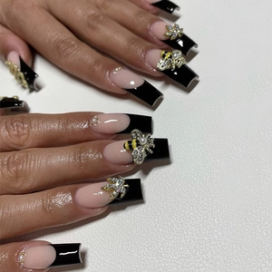 French Black Tip Coffin Press On Nails With 3D Gold Bee Snake Rhinestone Charms Luxury Long False Nails
