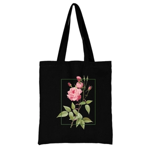 Schwarze Canvas-Tragetasche mit elegantem rosa Rosen-Aufdruck in einem grünen Rahmen