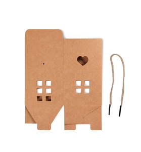 Flat lay of brown kraft paper house gift box with heart cutout and cotton twine cord