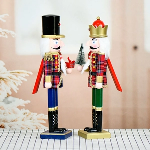 38cm wooden nutcracker soldiers in plaid uniforms holding gift box and Christmas tree