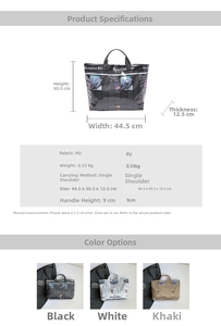 Detailed dimensions and color options for large newspaper print bucket shoulder bag