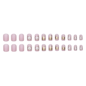 Short pink press-on nails set with gold fruit patterns including apple and pear designs
