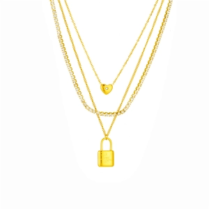Three-layer gold titanium heart necklace with chain links and I Love You engraved lock
