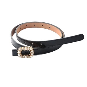 Elegant black faux leather thin belt for women with pearl and rhinestone square buckle