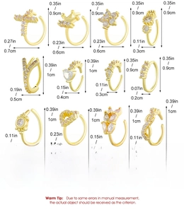 Size guide showing various rhinestone nose ring dimensions in centimeters and inches