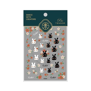 Minimalist Japanese 5D nail art stickers with black and white rabbit and floral patterns