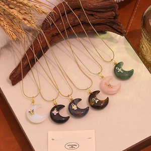 Collier Pendentif Croissant De Lune En Pierre Naturelle Chaîne Serpent Acier Inoxydable Papillon Hamsa Bijoux