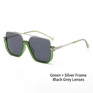 Retro oversized square sunglasses with green translucent frame and silver metal double bridge