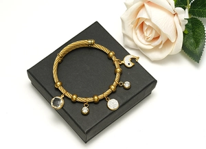 Macro detail of golden cable wire bracelet with crystal dolphin charm on a gift box