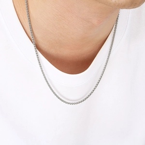 Minimalist 18k silver woven basket chain necklace for men and women on neck