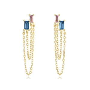 Gold double tassel earrings with blue and pink zircon stones on white background
