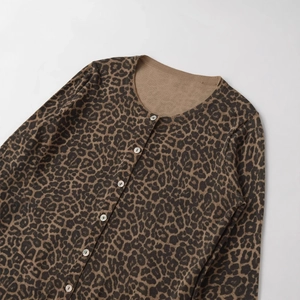 Classic leopard print knit cardigan for women with round neck and white buttons