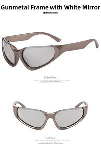 Detailed views of gunmetal Y2K sunglasses with silver mirrored lenses and sleek frames