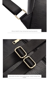 Close-up of golden hardware D-ring and adjustable buckle on black lychee leather backpack