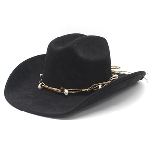 Classic black suede cowboy hat with ethnic shell and wooden bead decorative band