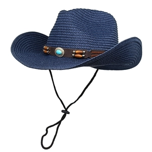 Navy blue woven cowboy straw hat with turquoise leather band and chin strap