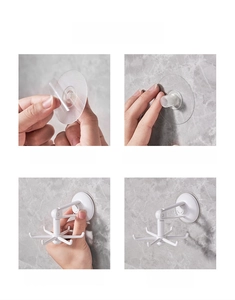Detailed four-step installation guide for rotating white 6-claw kitchen wall hooks