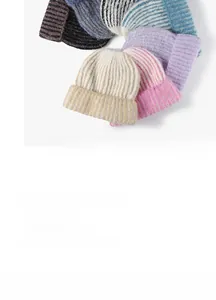 Detailed close-up of colorful ribbed knit beanies showcasing soft texture and various shades