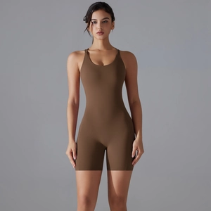 U-neck wide strap brown seamless sculpting jumpsuit with tight cycling length shorts